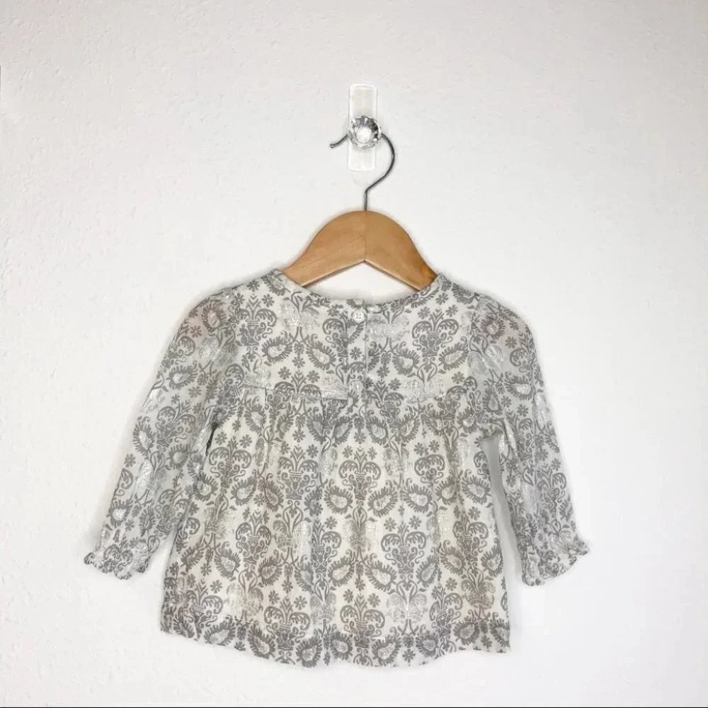 Peek Little‎ Peanut blouse long sleeve gray paisley print metallic 6-12 months